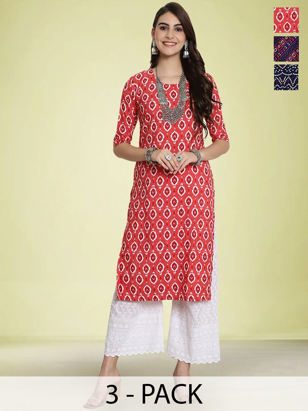 

Moda Rapido Selection Of 3 Ethnic motifs Printed Round Neck Straight Kurtas, Red