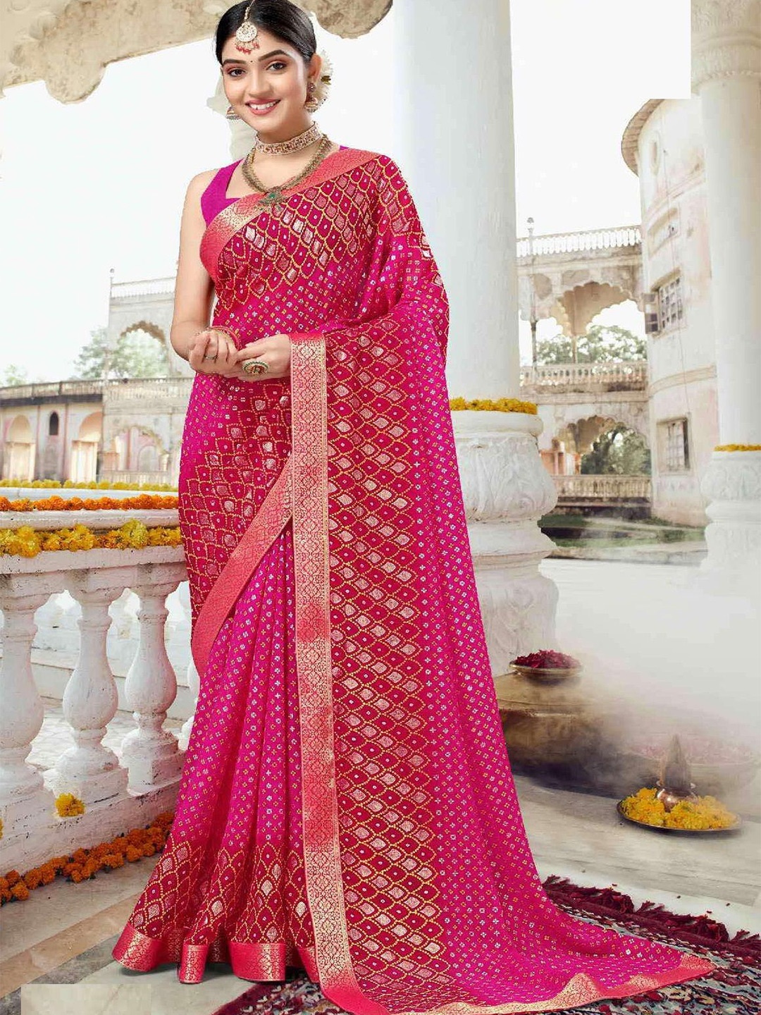 

Reboot Fashions Floral Zari Pure Georgette Block Print Saree, Magenta