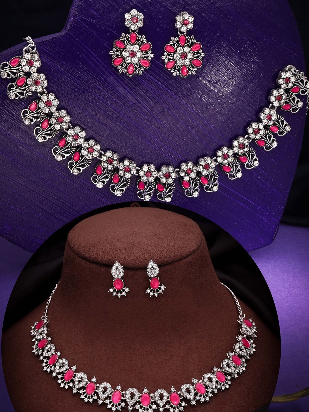 

DIVASTRI Set Of 2 Silver-Plated American Diamond Studded Jewellery Set