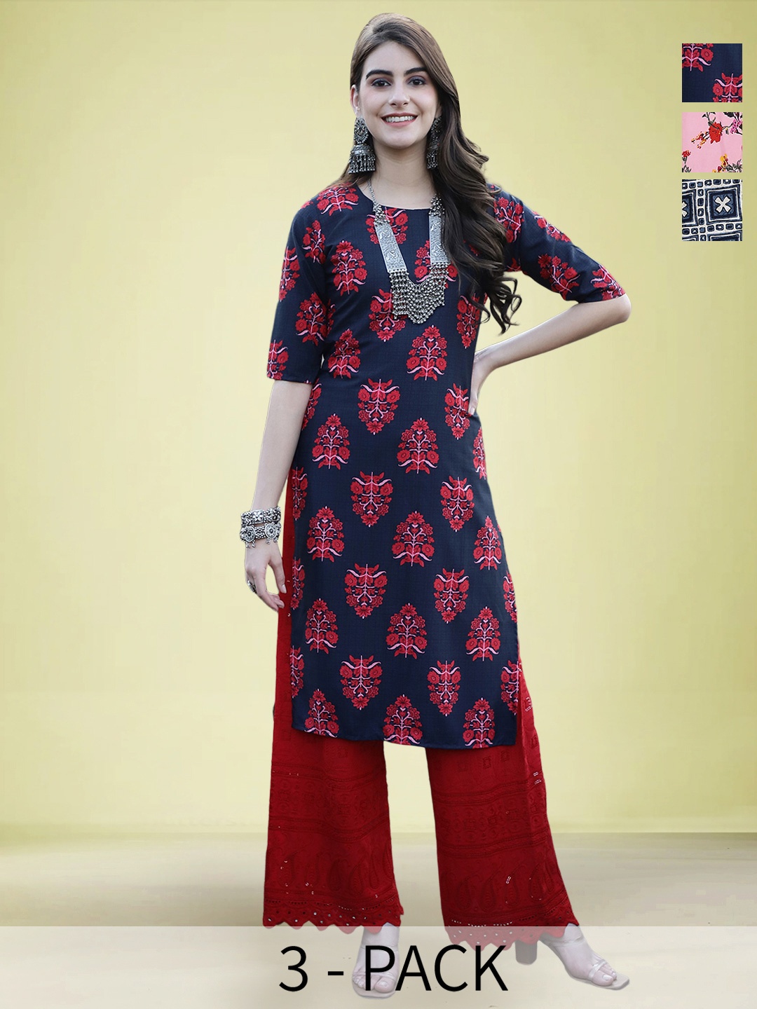 

Moda Rapido Selection Of 3 Floral Printed Round Neck Straight Kurtas, Red