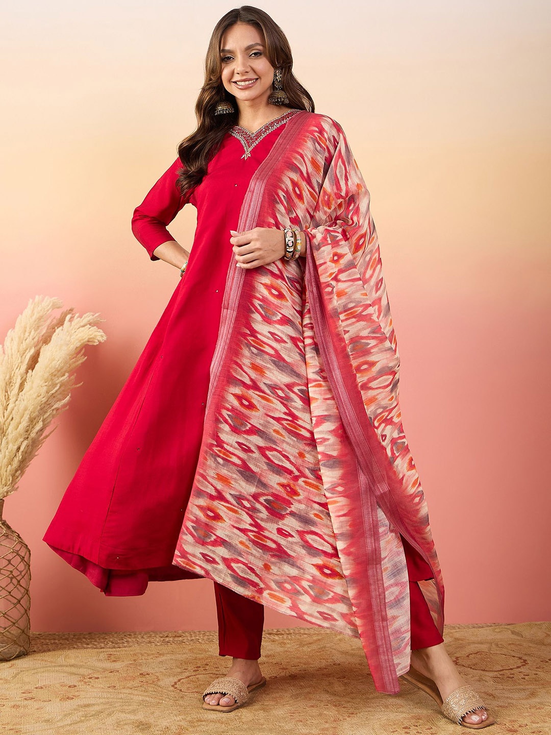 

Sangria Embroidered A-Line Kurta With Trousers & Dupatta, Red