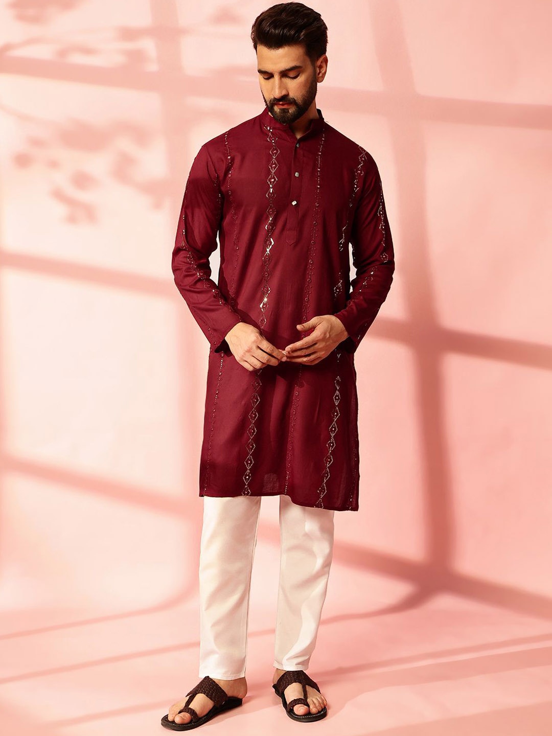

Anouk Men Embroidered Regular Mirror Work Pure Cotton Kurta with Pyjamas, Maroon