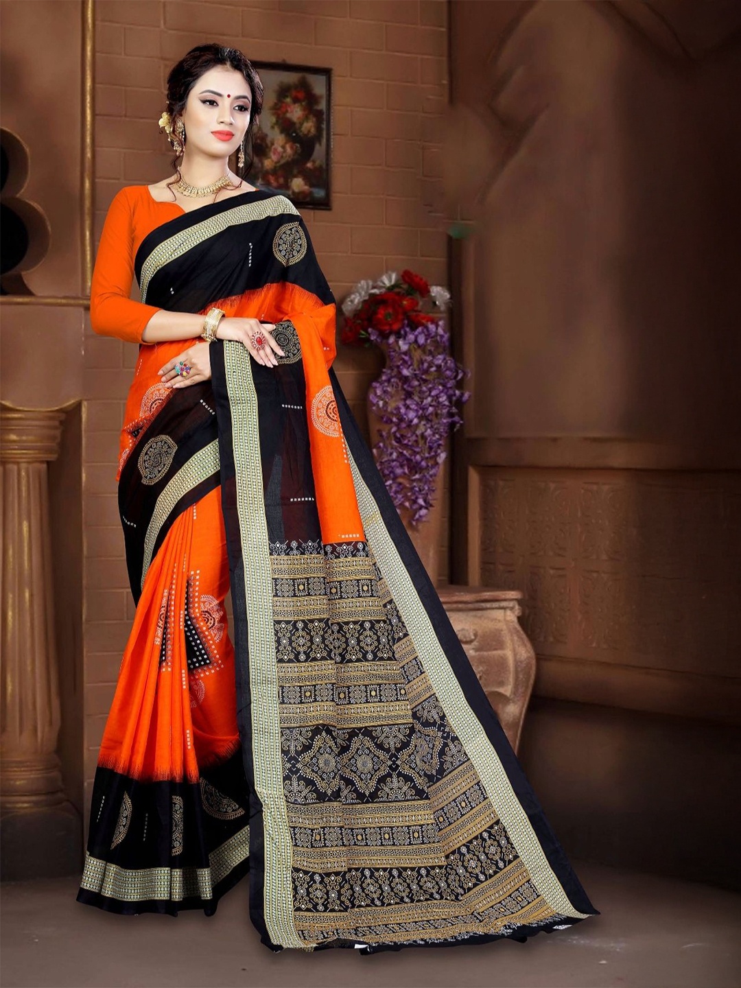 

pasapalli Ethnic Motifs Pure Cotton Sambalpuri Saree, Orange