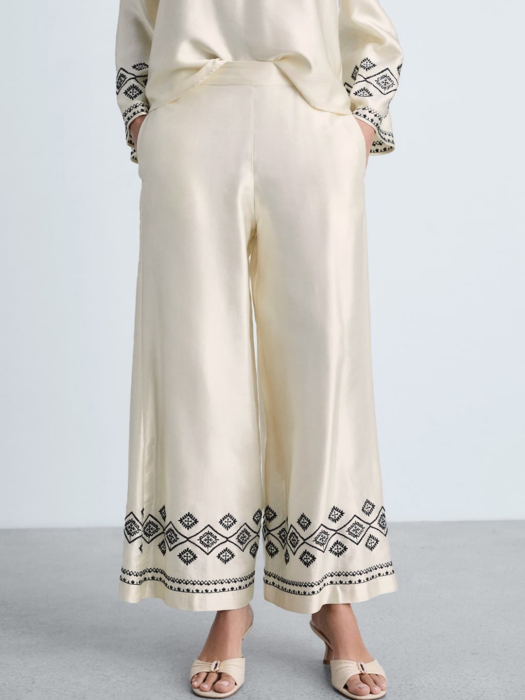 

MANGO Women Embroidered Hem Wide Leg Trousers, Off white