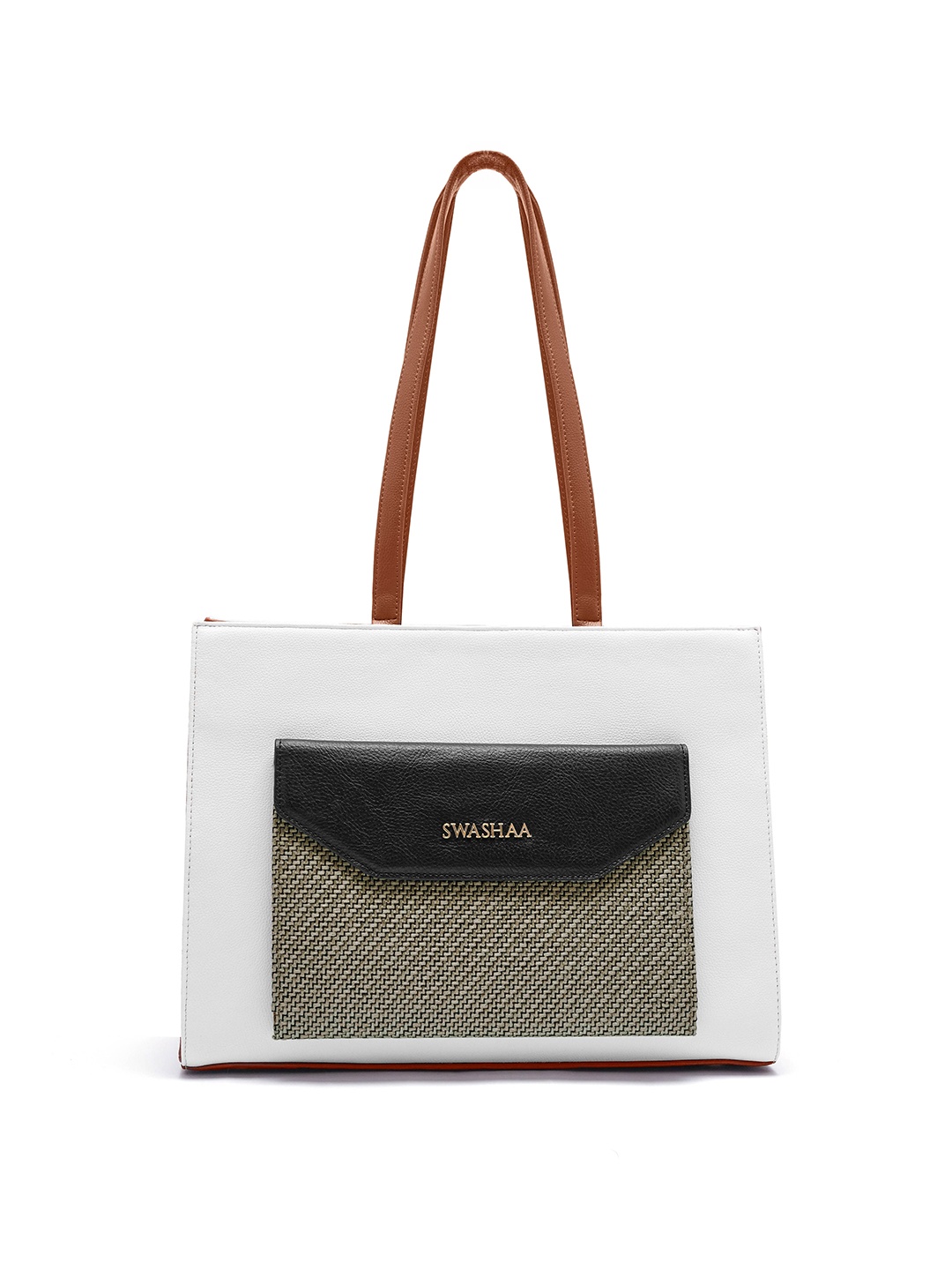 

SWASHAA Colourblocked Leather Structured Tote Bag, White