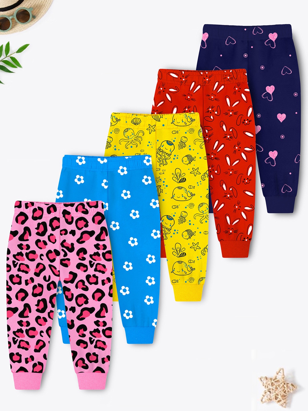 

YK X Trampoline Girls Pack Of 5 All Over Printed Cotton Mid Rise Joggers, Yellow