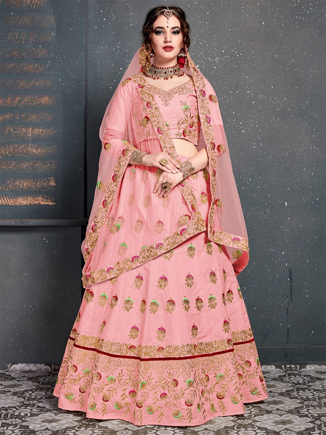 

DIVASTRI Embroidered Zari Work Semi-Stitched Velvet Lehenga & Blouse With Dupatta, Pink