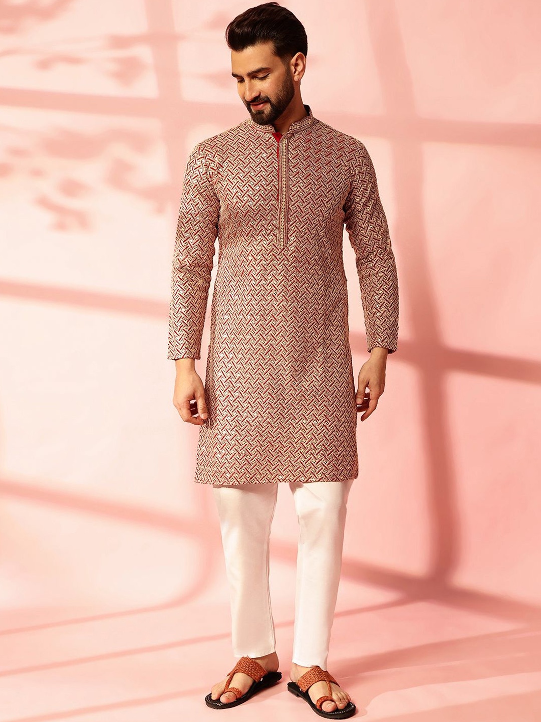 

Anouk Men Embroidered Regular Thread Work Pure Cotton Kurta with Pyjamas, Maroon
