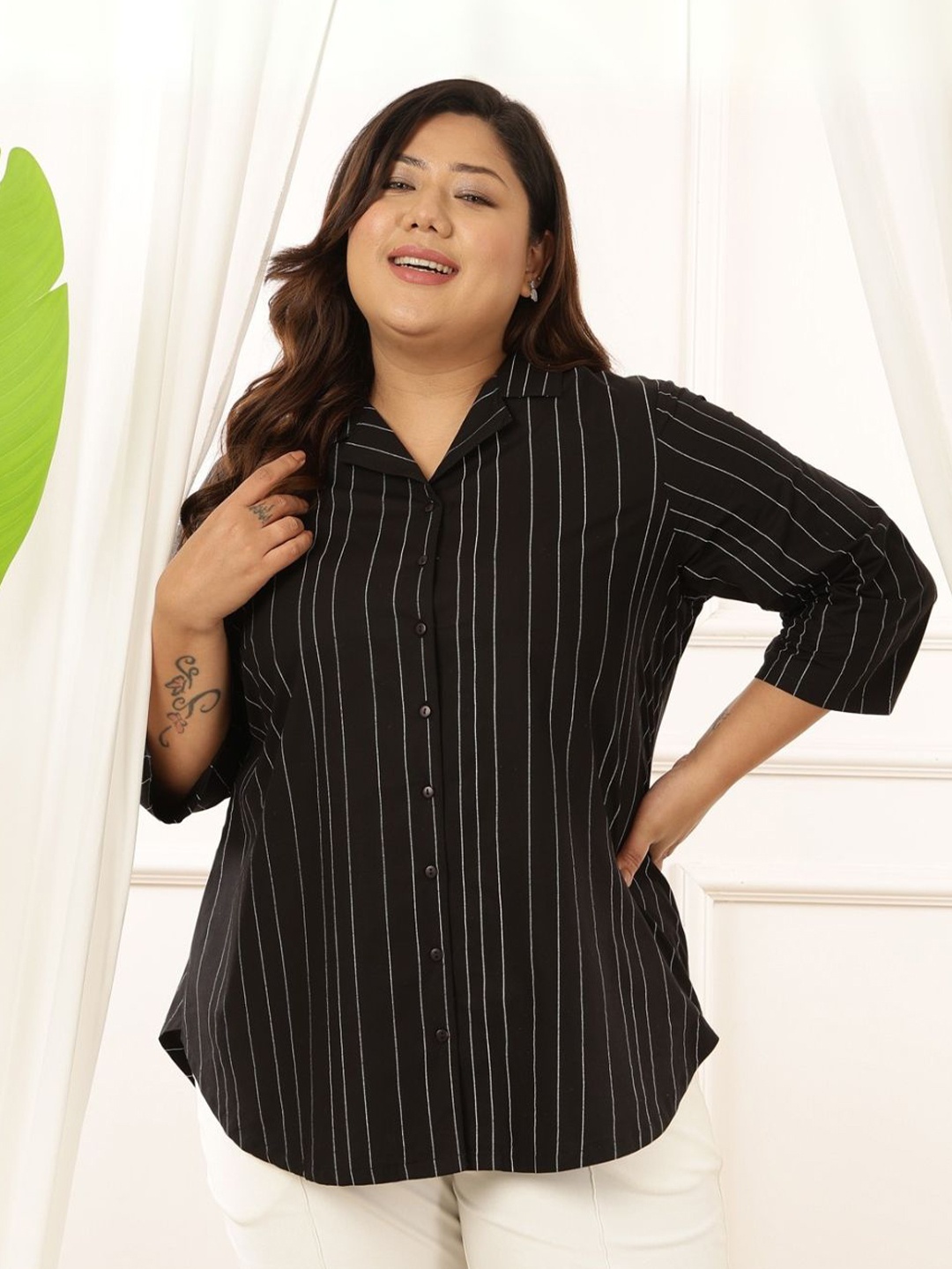 

Amydus Women Comfort Opaque Striped Casual Shirt, Black