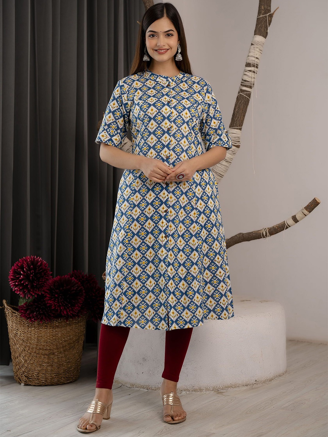 

TRIVEDI Cotton Printed A-Line Mandarin Collar Kurta, Teal