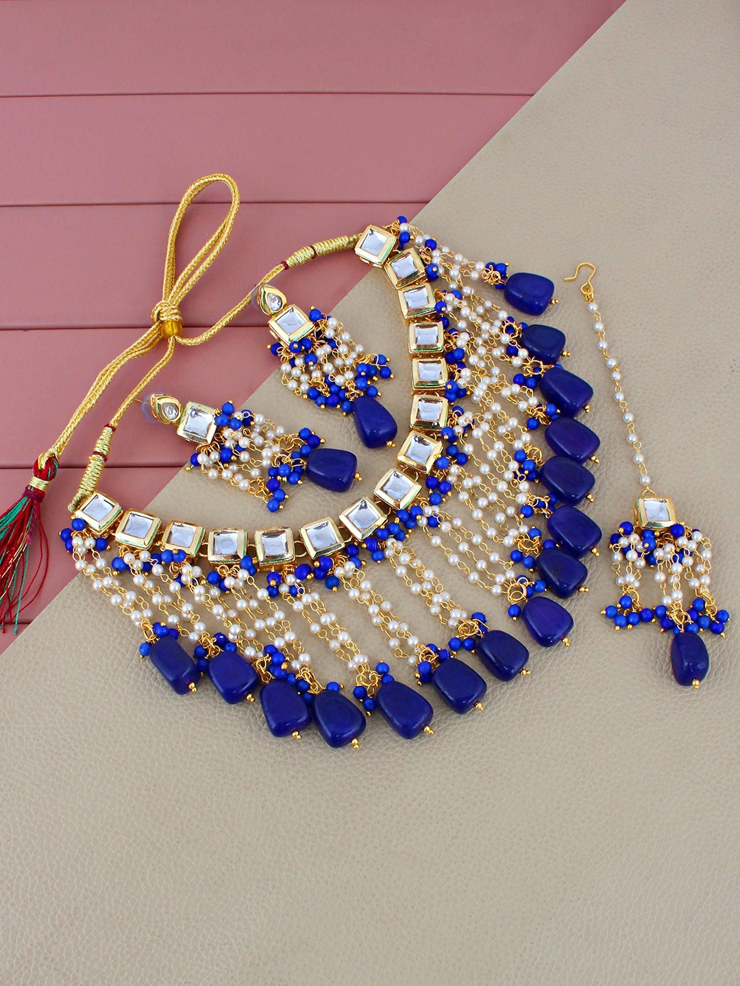 

LUCKY JEWELLERY 18K Gold-Plated Kundan-Studded Necklace And Earrings With Maang Tika