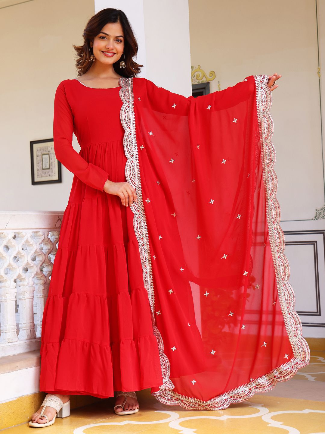 

KALINI Women Layered Kurta with Pyjamas & With Dupatta, Red