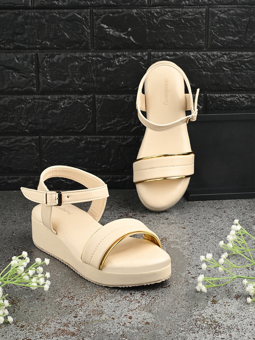 

DressBerry Wedge Sandals with Buckles, Beige