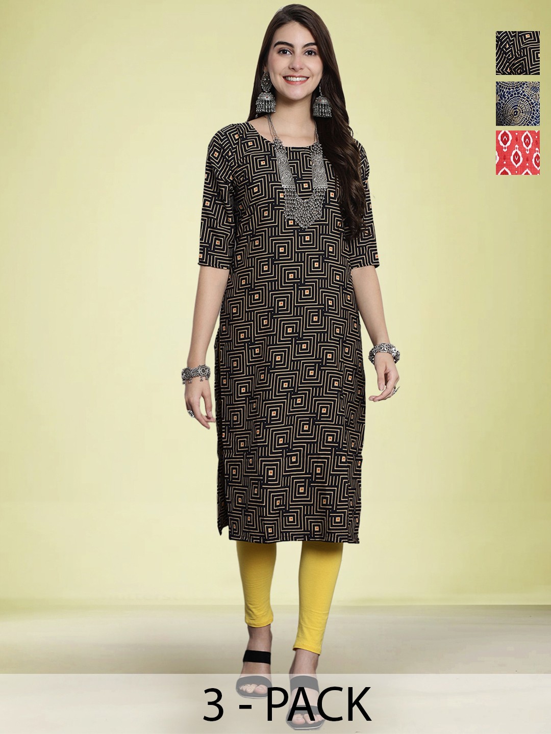 

Moda Rapido Selection Of 3 Geometric Printed Round Neck Straight Kurtas, Black