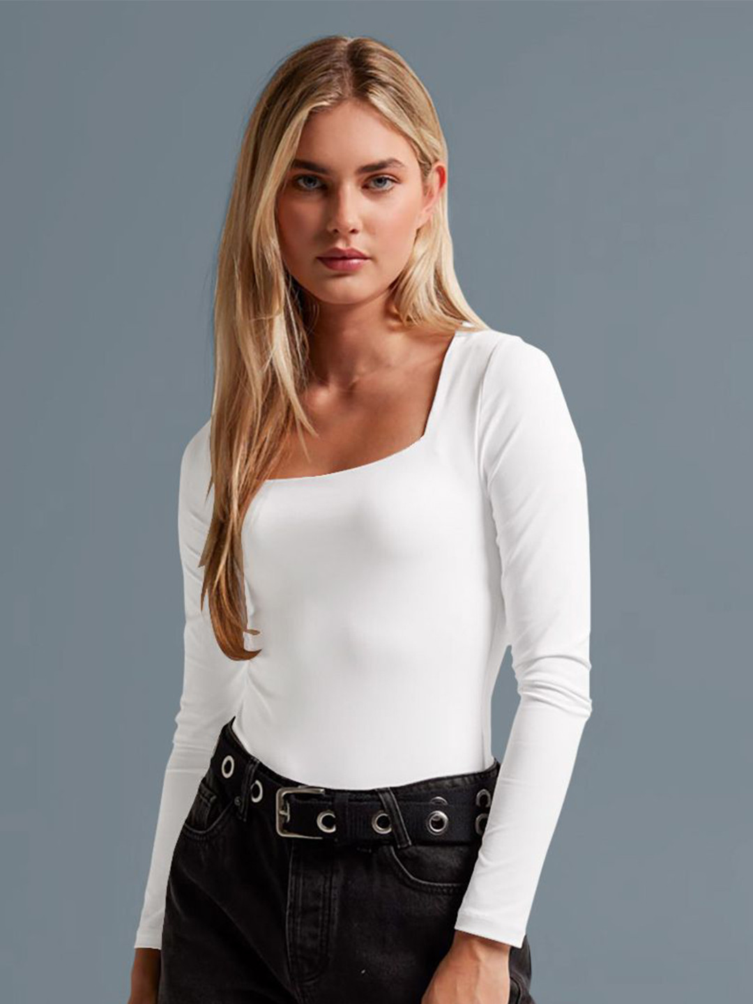 

Dream Beauty Fashion Women Square Neck Long Sleeves Fitted Top, White