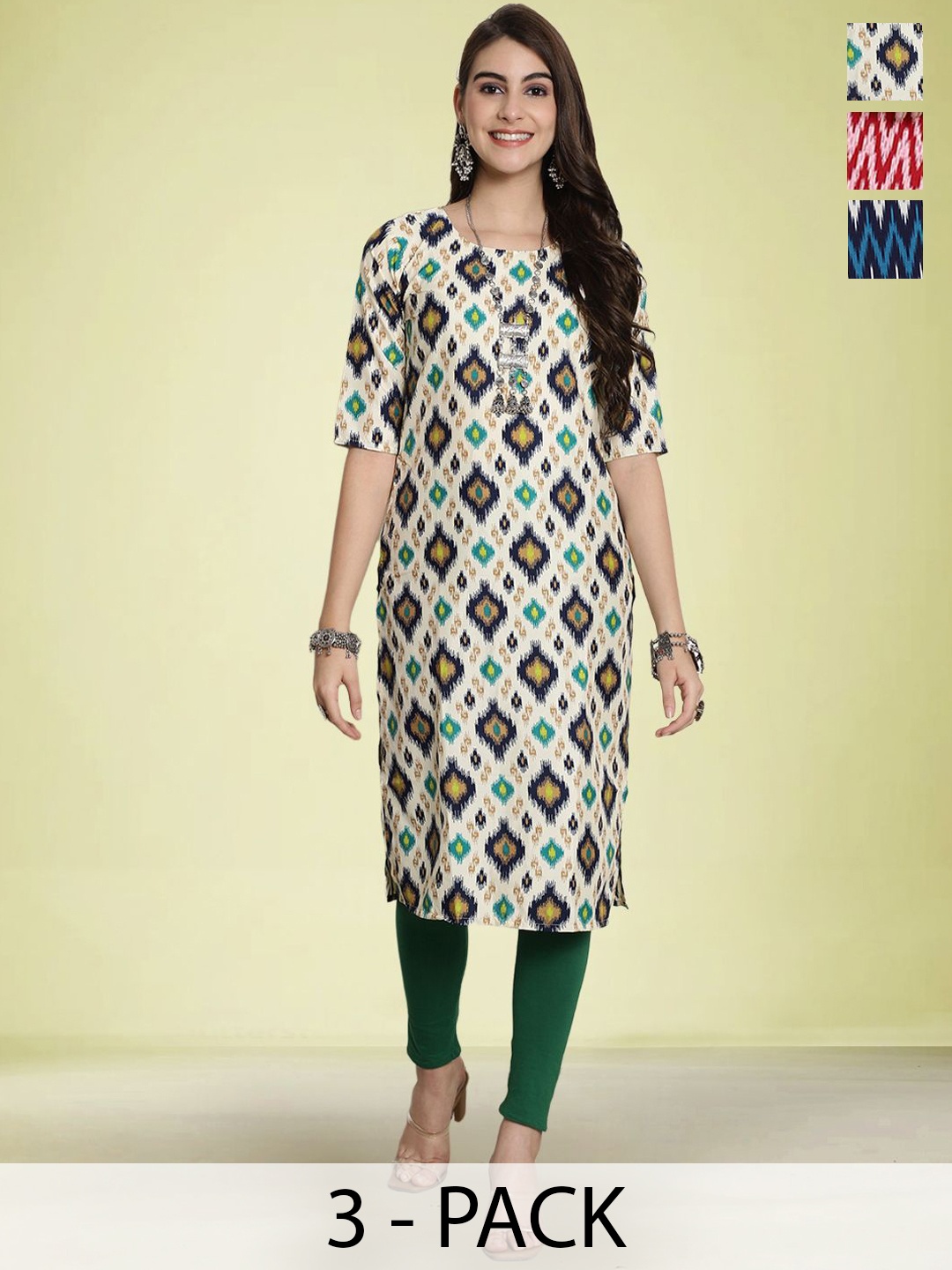 

Moda Rapido Selection Of 3 Chevron Printed Round Neck Straight Kurtas, Blue