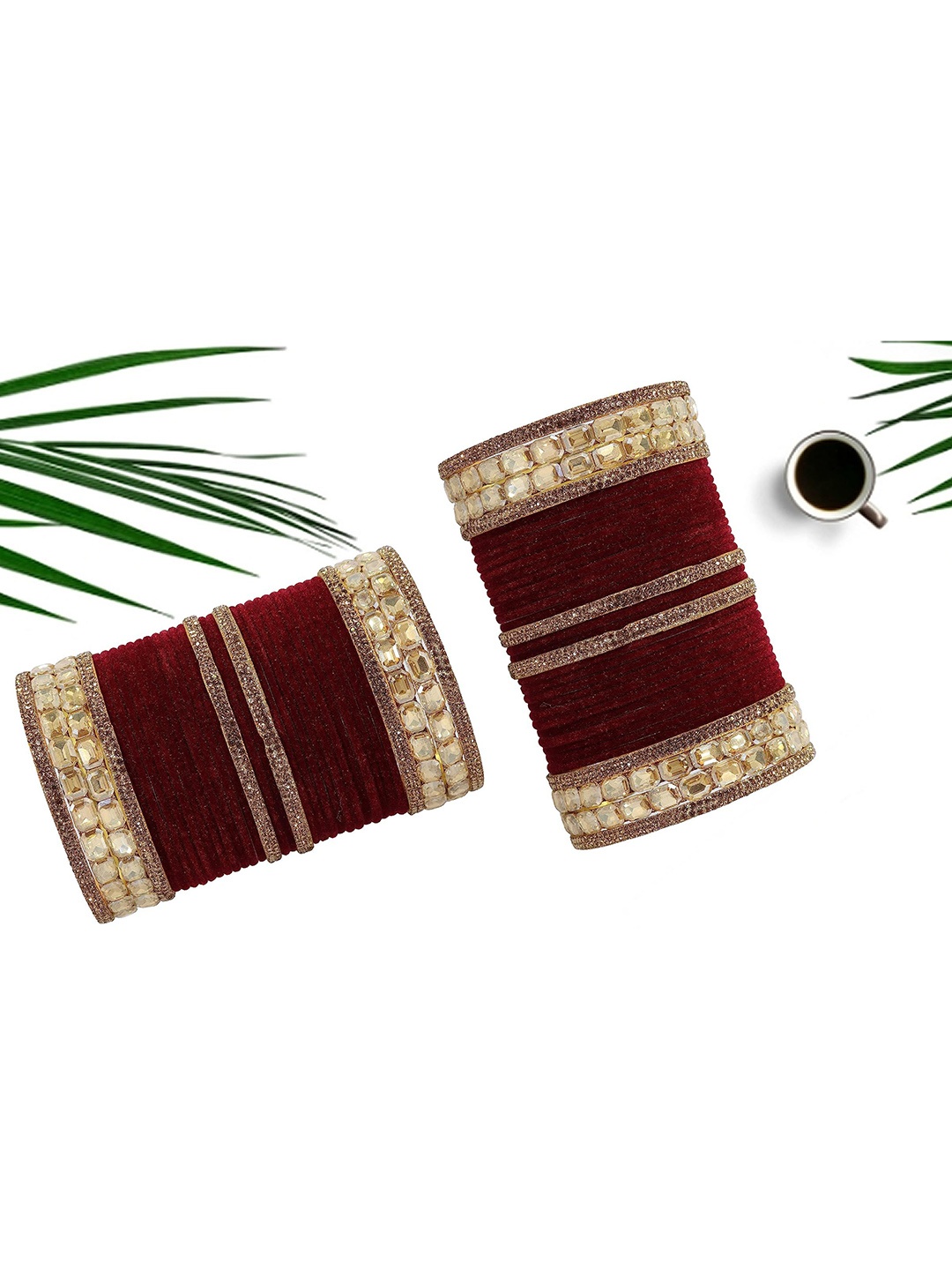 

ZULKA Set Of 68 Gold Plated CZ Stone Studded Velvet Bangles