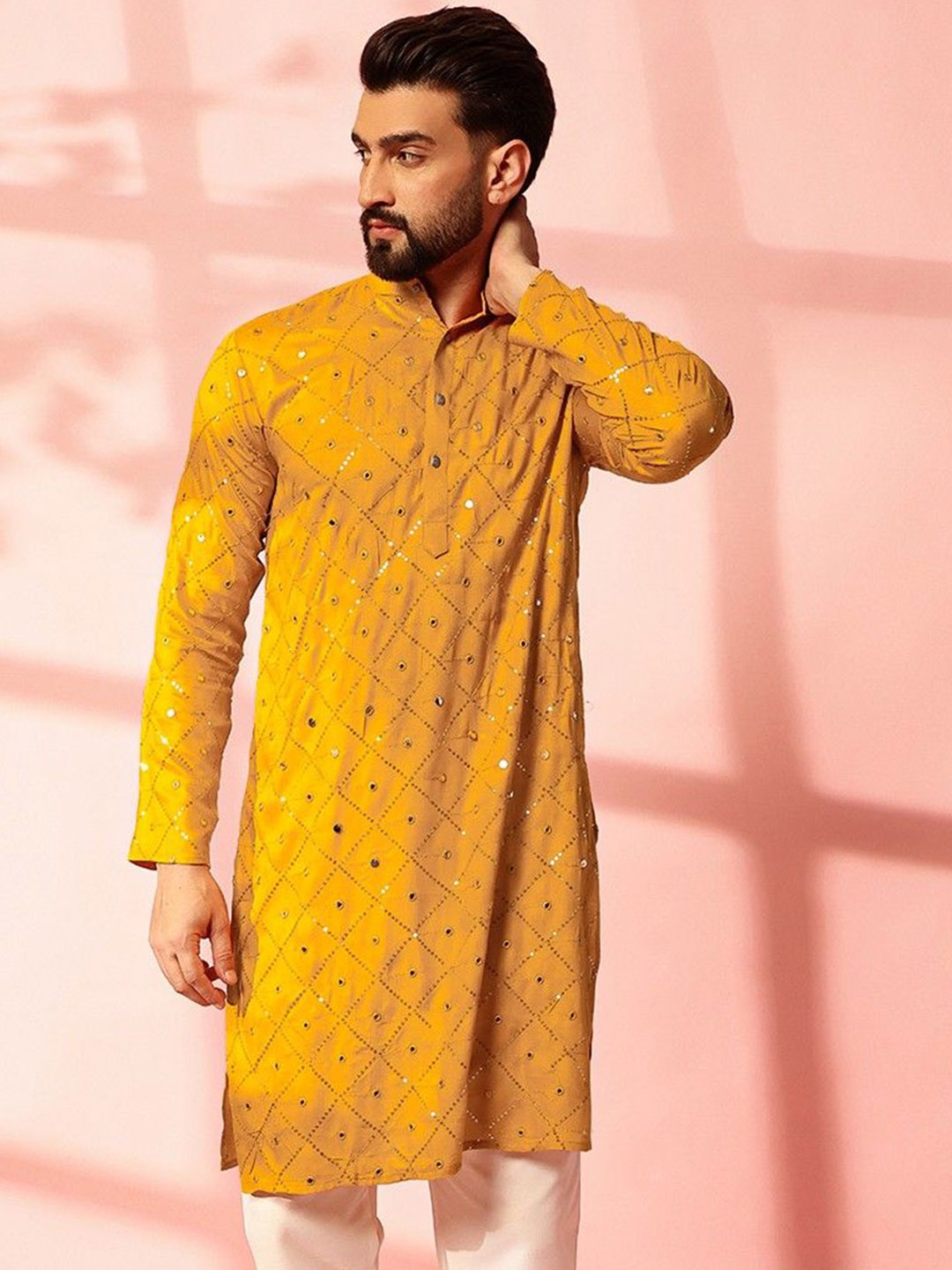 

Anouk Geometric Embroidered Band Collar Mirror Work Cotton Straight Kurta, Mustard