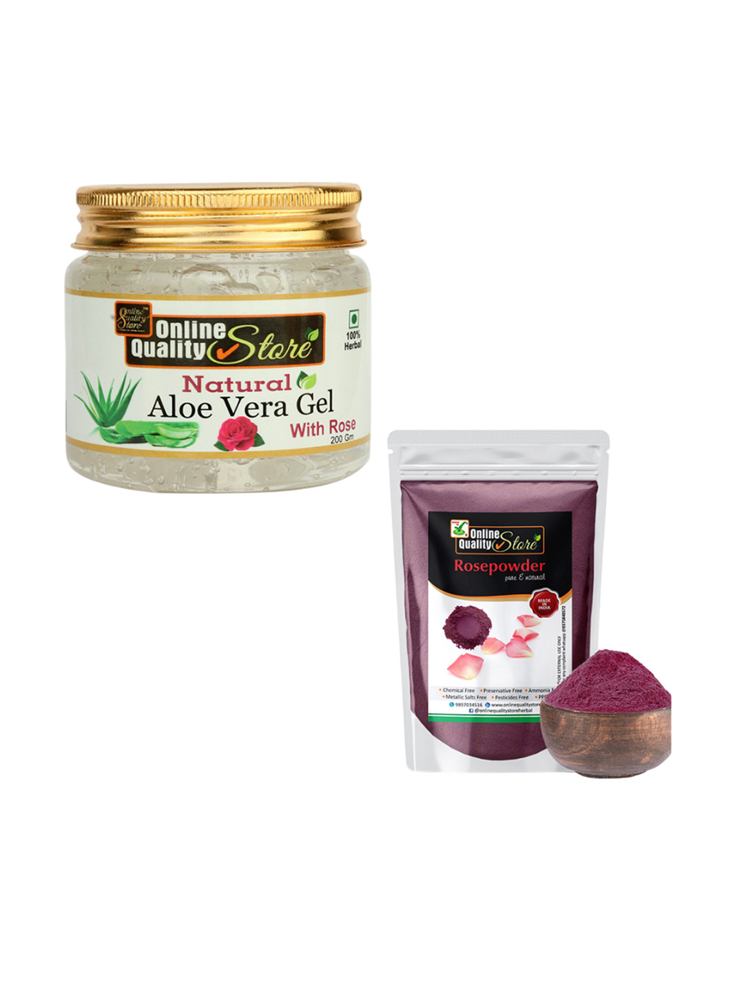 

Online Quality Store Set Of 2 Aloe Vera Gel & Rose Powder For Hair & Skin - 200 g Each, Transparent