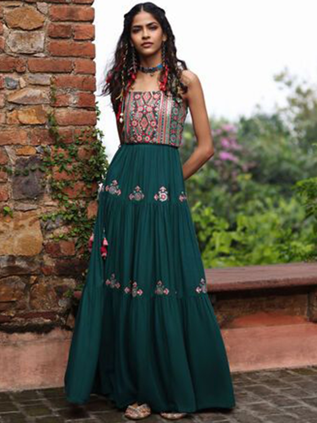 

Global Desi Embroidered Flared Maxi Dress, Green