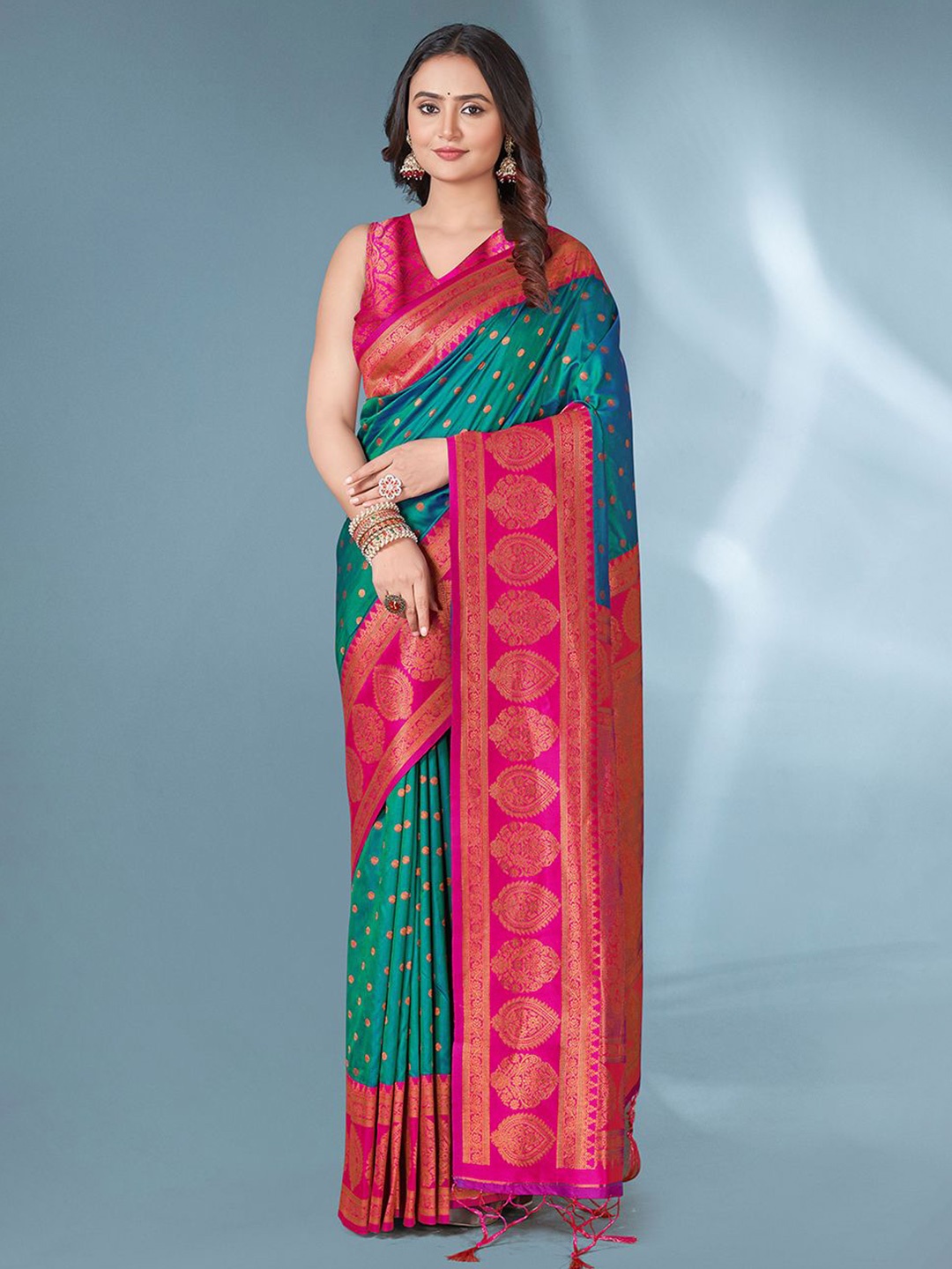 

all about you Woven Design Zari Silk Blend Paithani Saree, Green