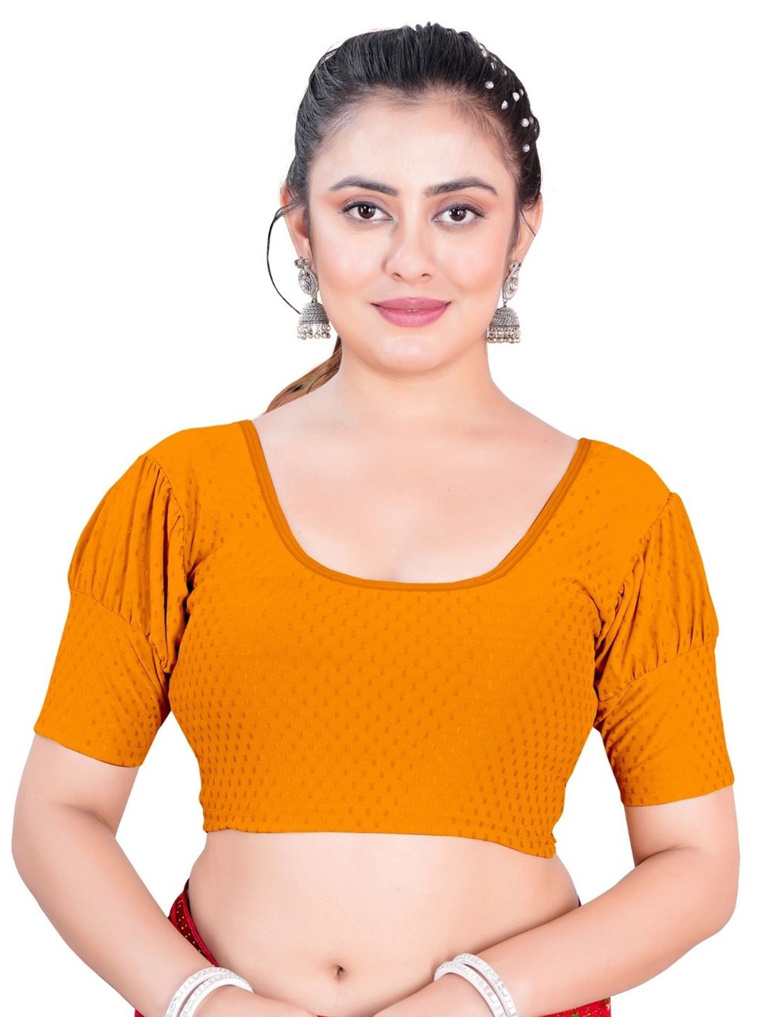 

SS Sanket Synthetics Dobby Textured Stretchable Balloon Saree Blouse, Mustard