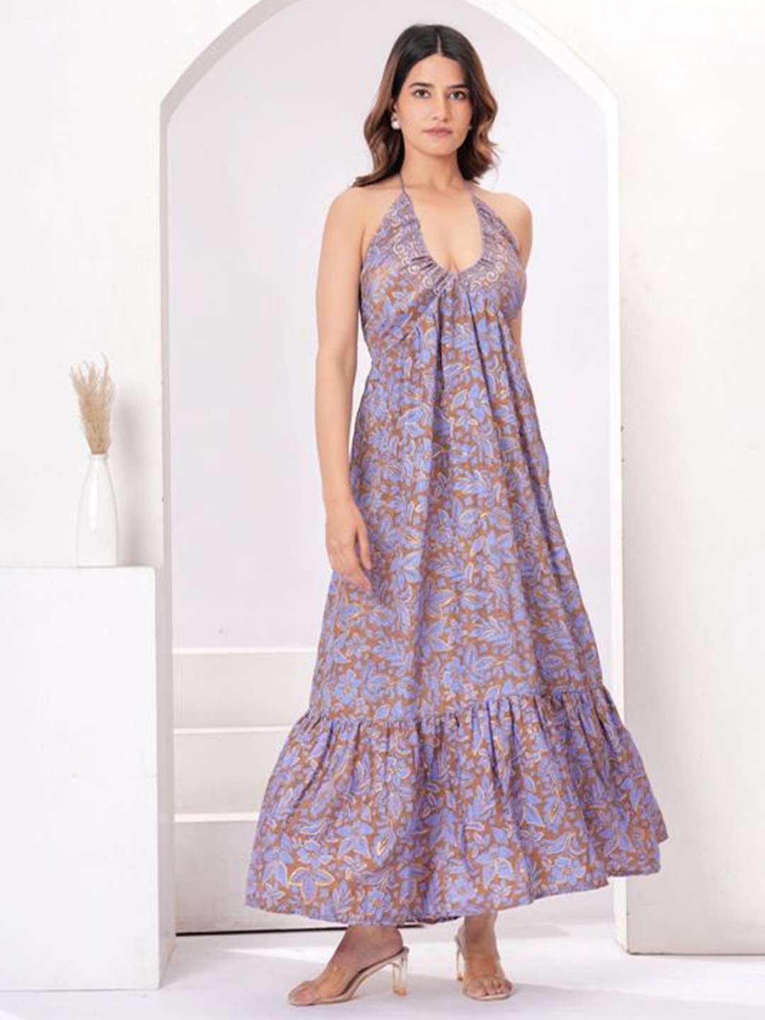 

Sencei Floral Print Halter Neck Fit & Flare Maxi Dress, Purple