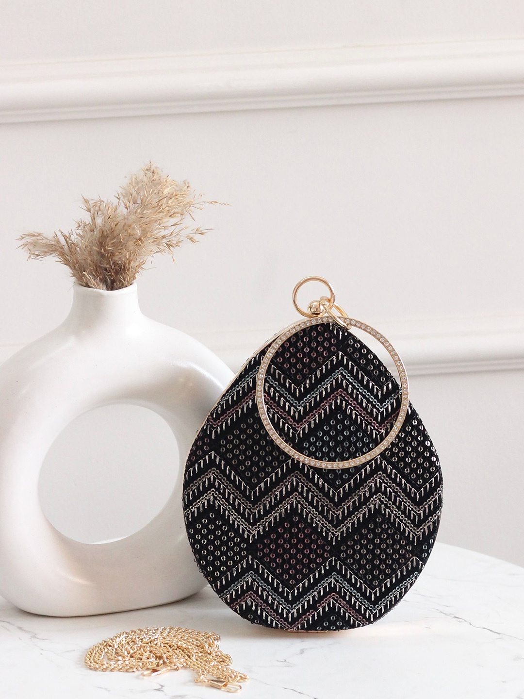 

BOXWISH BY BHUMIKA Embellished Bucket Clutch, Black