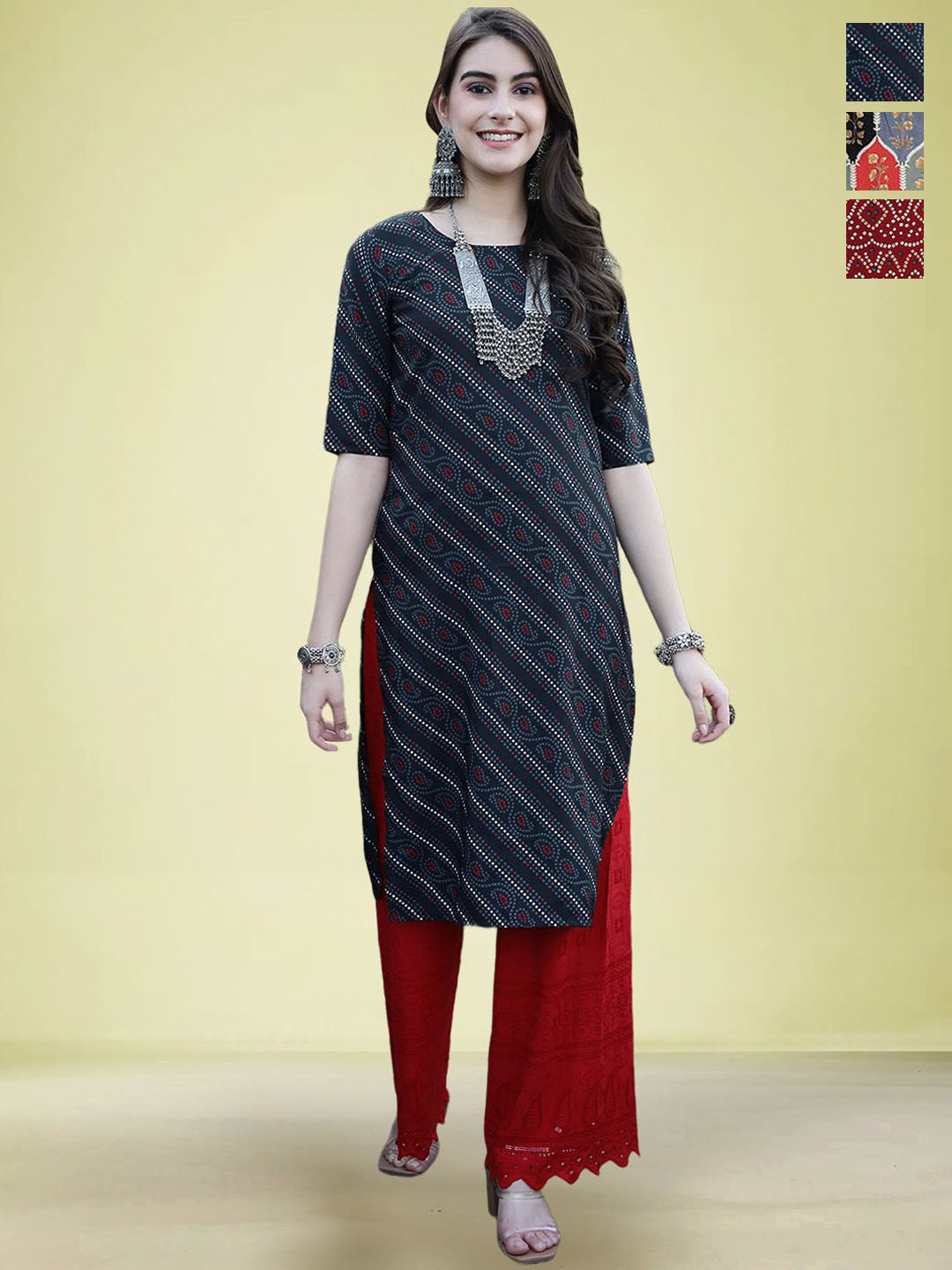 

Moda Rapido Selection Of 3 Floral Printed Round Neck Straight Kurtas, Black