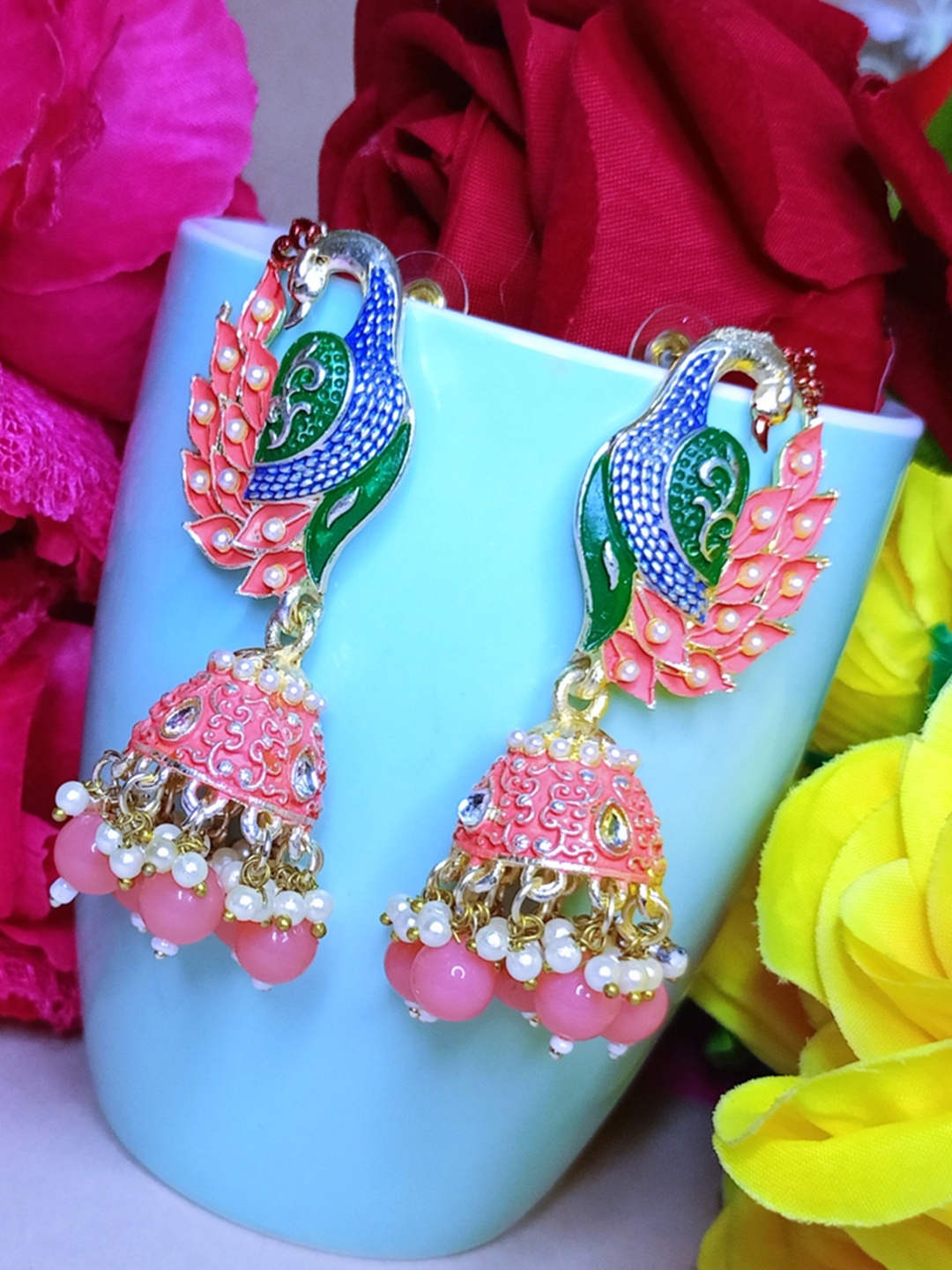 

DIVASTRI Gold-Plated Artificial Beads Peacock Shaped Jhumkas Earrings, Pink