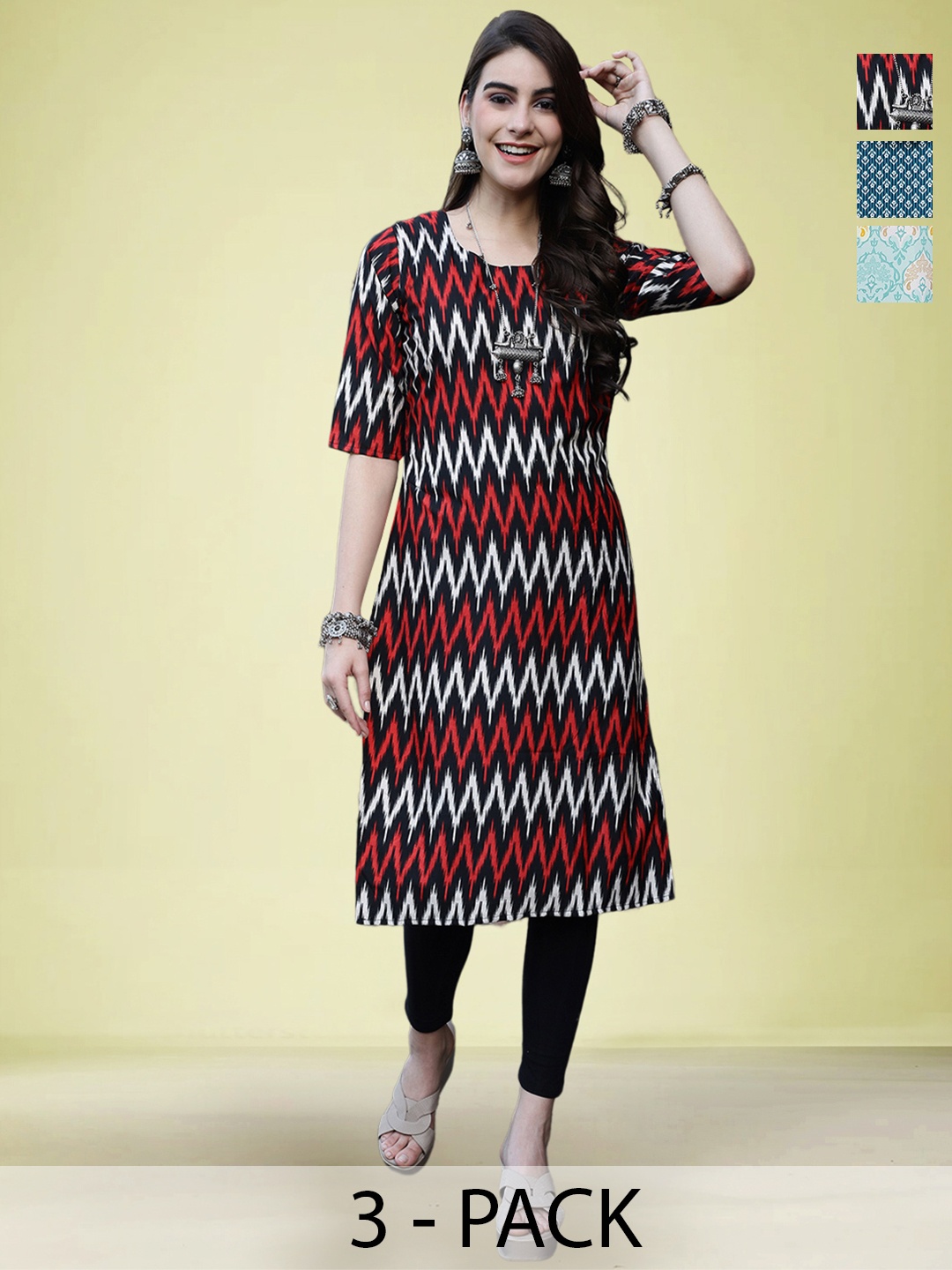 

Moda Rapido Selection Of 3 Chevron Printed Round Neck Straight Kurtas, Black