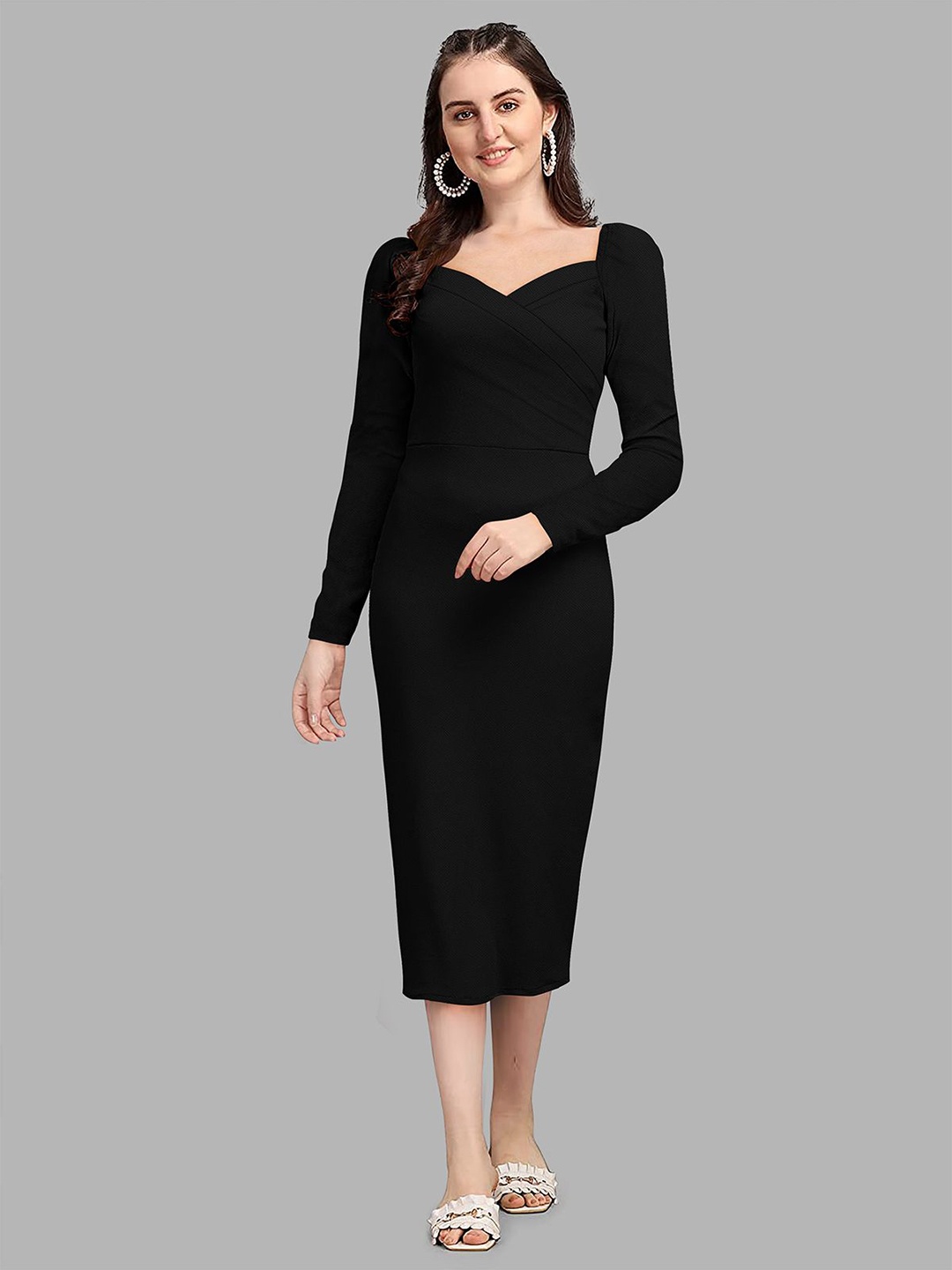 

DressBerry Puff Sleeve Bodycon Midi Dress, Black