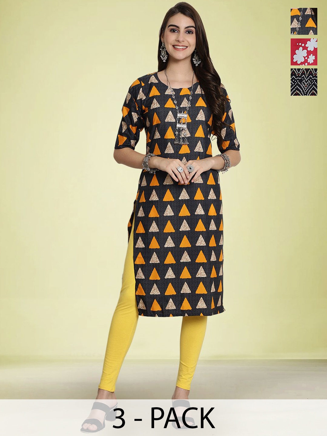 

Moda Rapido Selection Of 3 Floral Printed Round Neck Straight Kurtas, Red