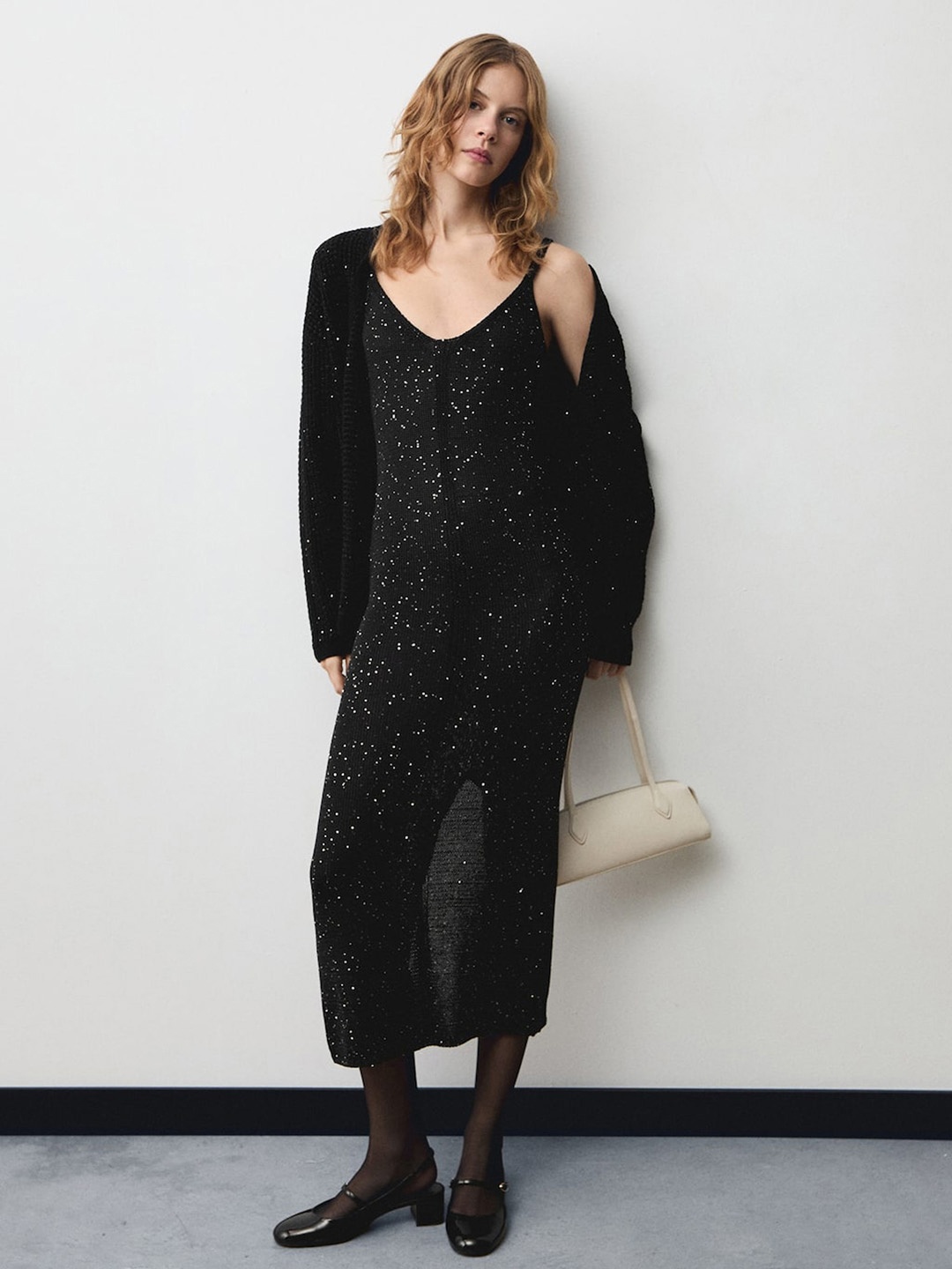 

MANGO Embellished Plunge Neck Bodycon Midi Dress, Black
