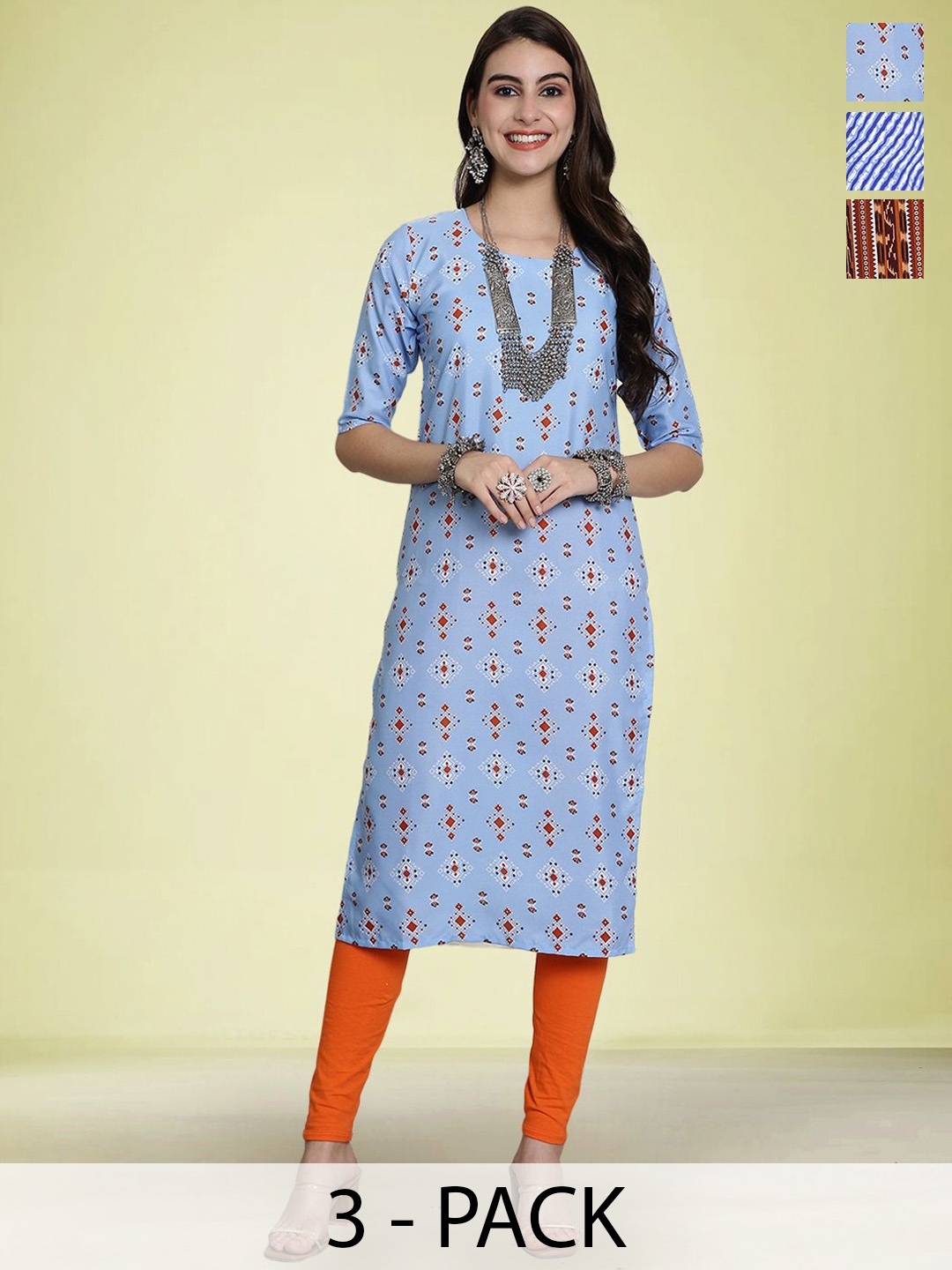 

Moda Rapido Selection Of 3 Leheriya Printed Round Neck Straight Kurtas, Blue