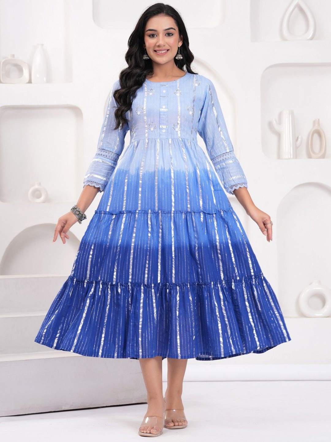 

Sarai Women Cotton Lurex Dyed Ombre Tiered Fit & Flared Dress, Blue