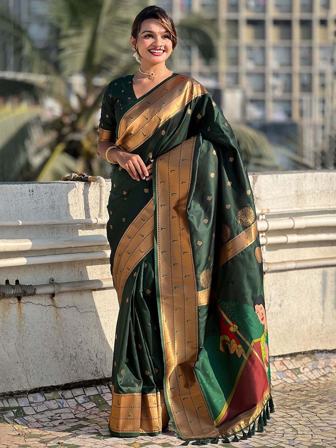 

all about you Woven Design Zari Silk Blend Paithani Saree, Green