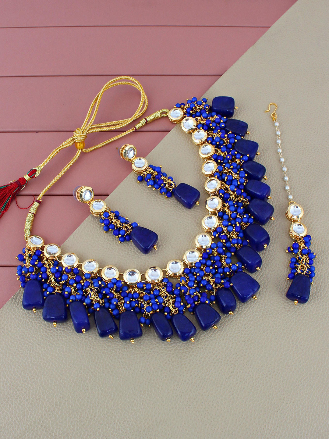 

LUCKY JEWELLERY 18K Gold-Plated Kundan-Studded Necklace And Earrings With Maang Tika