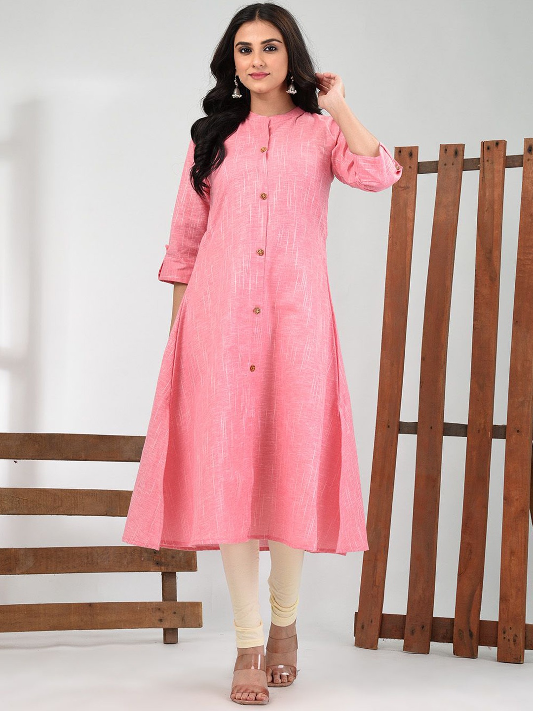 

Charukriti Woven Design Mandarin Collar A-Line Cotton Kurta, Pink