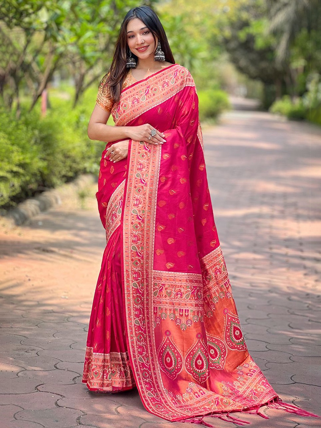 

all about you Woven Design Zari Silk Blend Paithani Saree, Pink