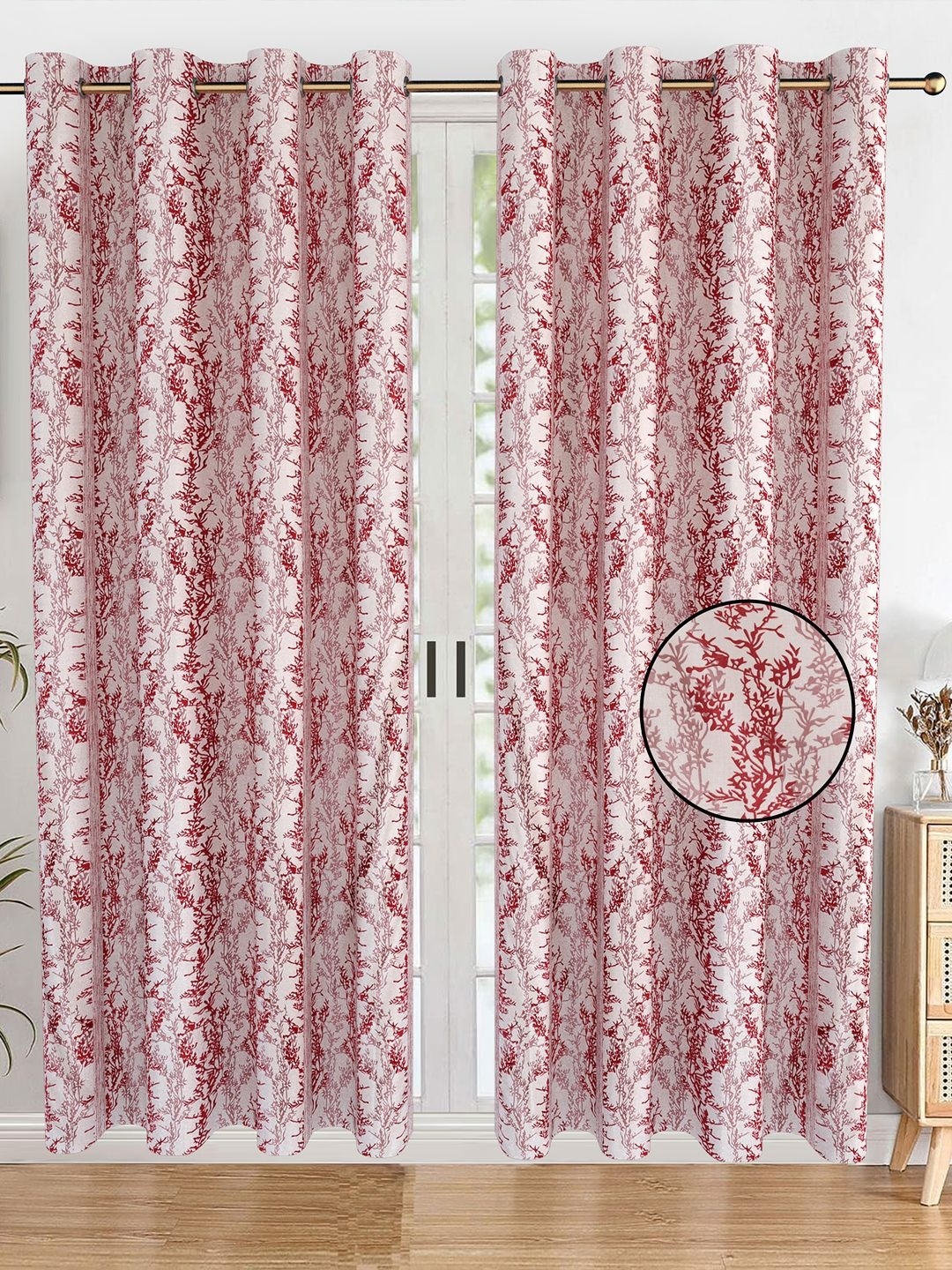 

AVI Maroon & White Set of 2 Floral Long Door Curtain