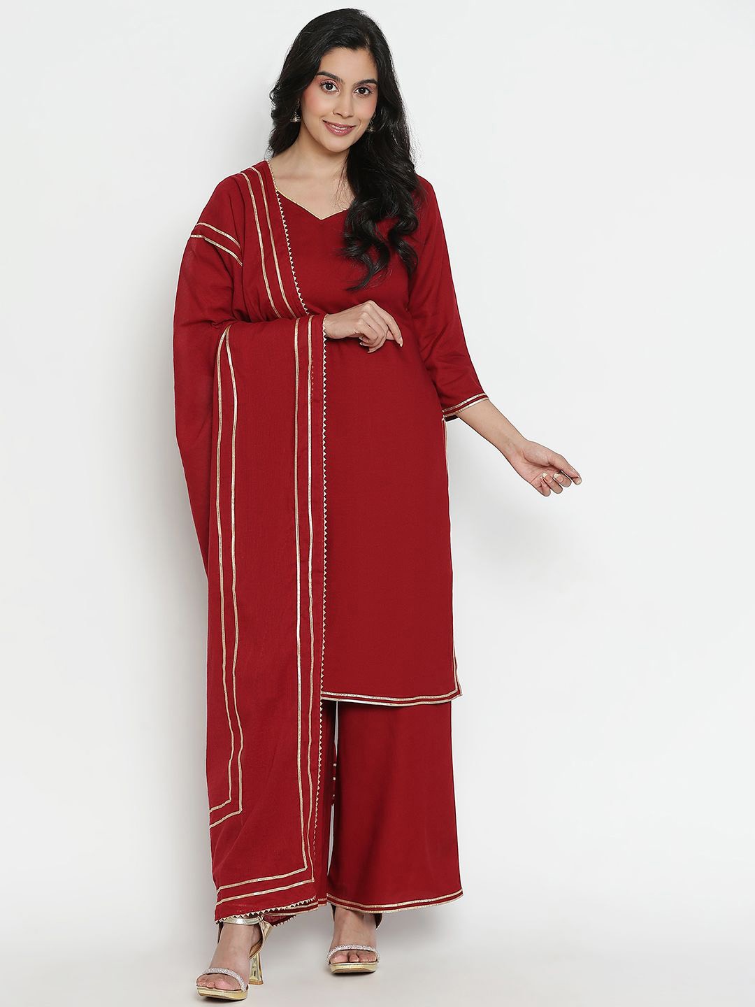 

TOLIKE Women Striped Regular Gotta Patti Kurta with Palazzos & With Dupatta, Maroon