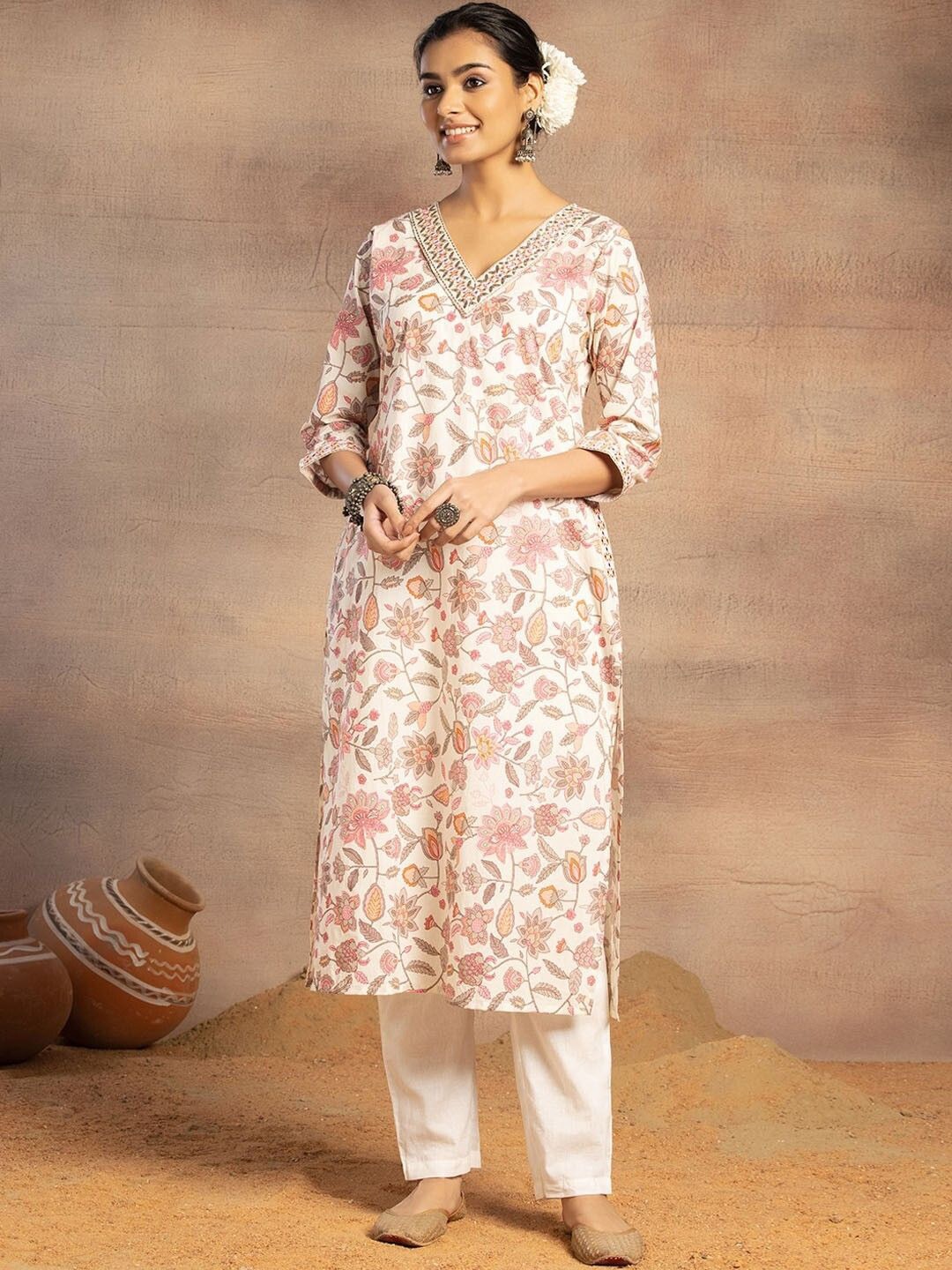 

PHYSIL Floral Printed V-Neck Thread Work Cotton Straight Kurta, Cream