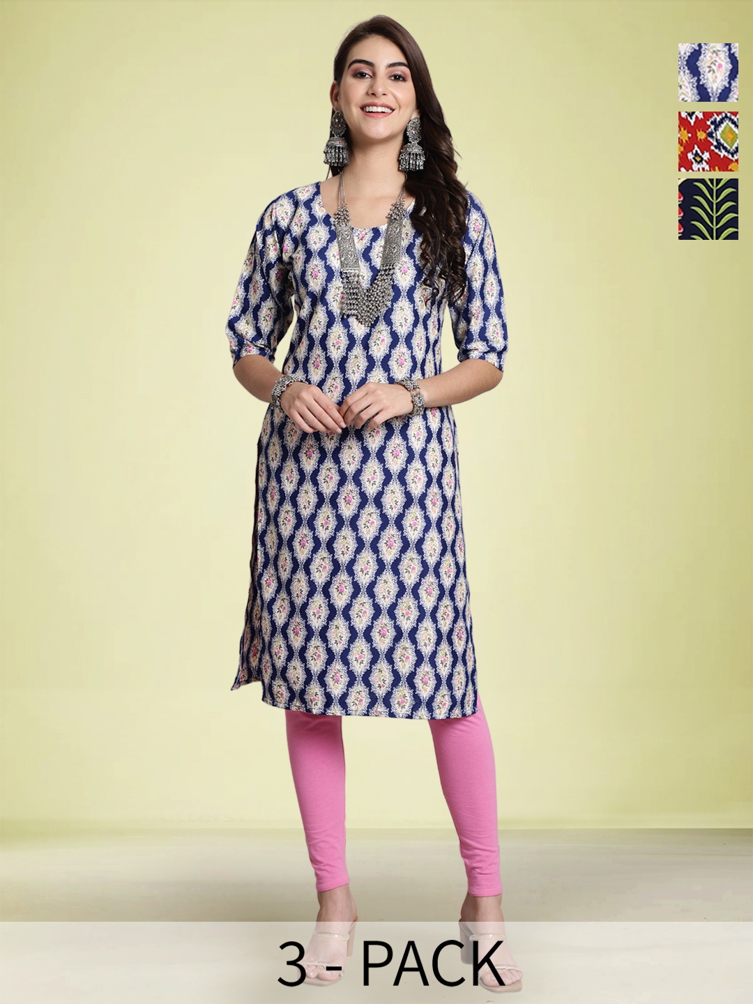 

Moda Rapido Selection Of 3 Floral Printed Round Neck Straight Kurtas, Blue