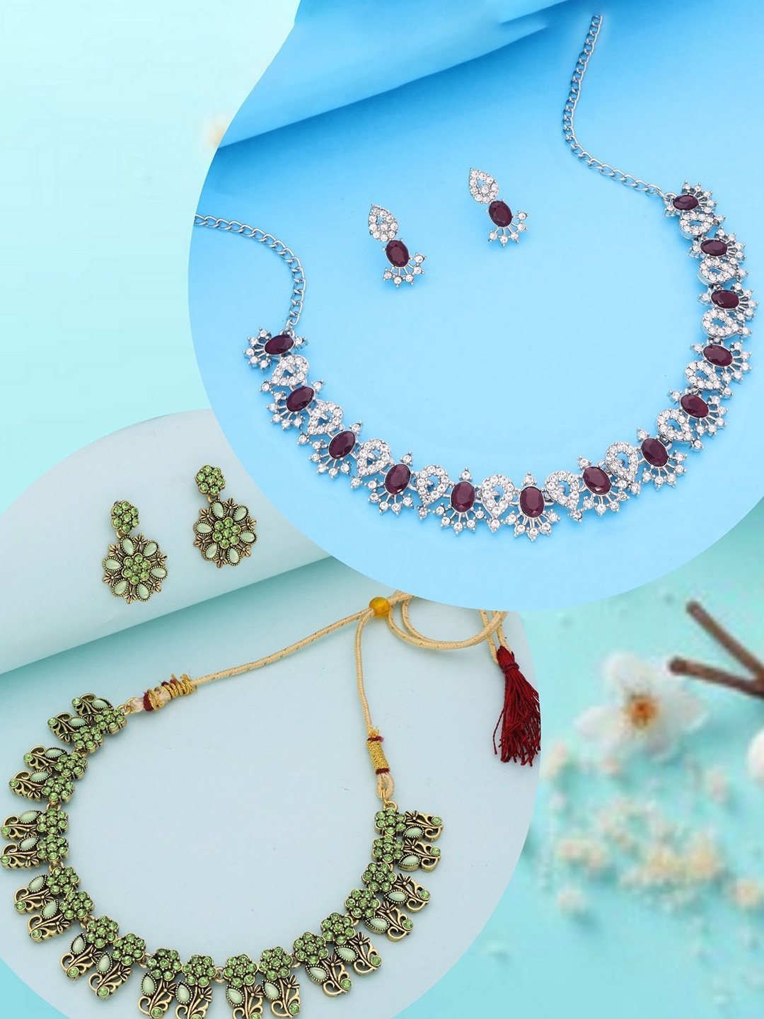

DIVASTRI Set Of 2 Gold-Plated American Diamond Studded Jewellery Sets