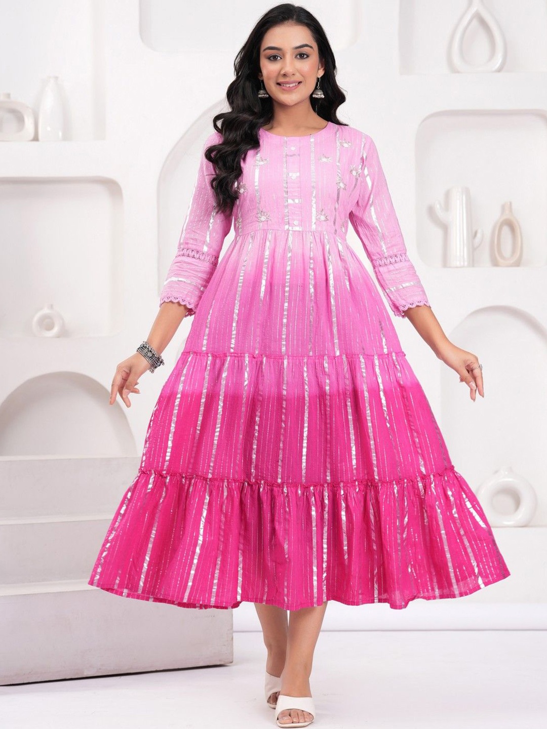 

Sarai Women Pink Cotton Lurex Dyed Ombre Tiered Fit & Flared Dress