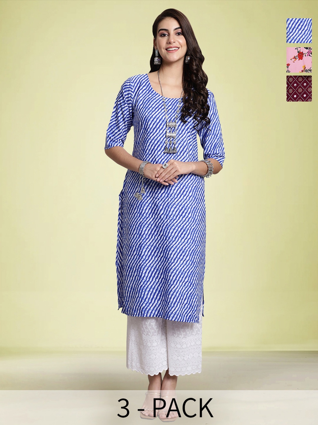 

Moda Rapido Selection Of 3 Leheriya Printed Round Neck Straight Kurtas, Blue