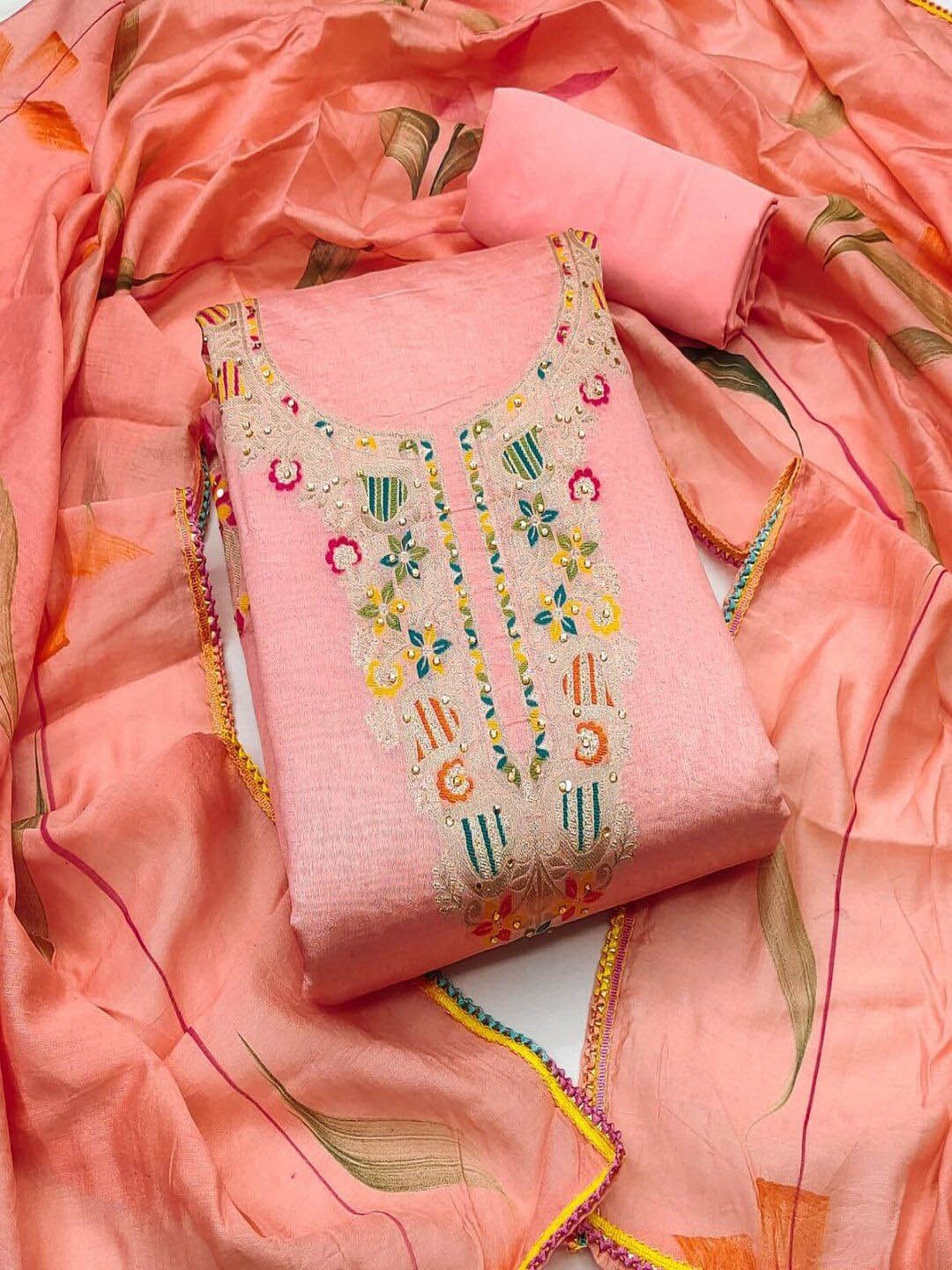 

SHIJILA Floral Woven Design Beads & Stones Unstitched Dress Material, Peach