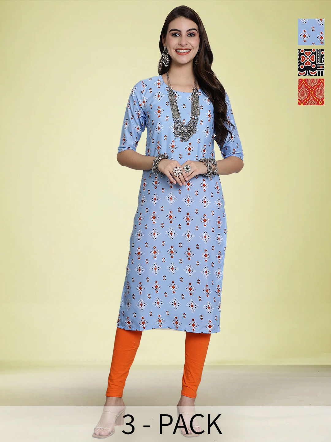 

Moda Rapido Selection Of 3 Ethnic Motifs Printed Round Neck Straight Kurta, Blue
