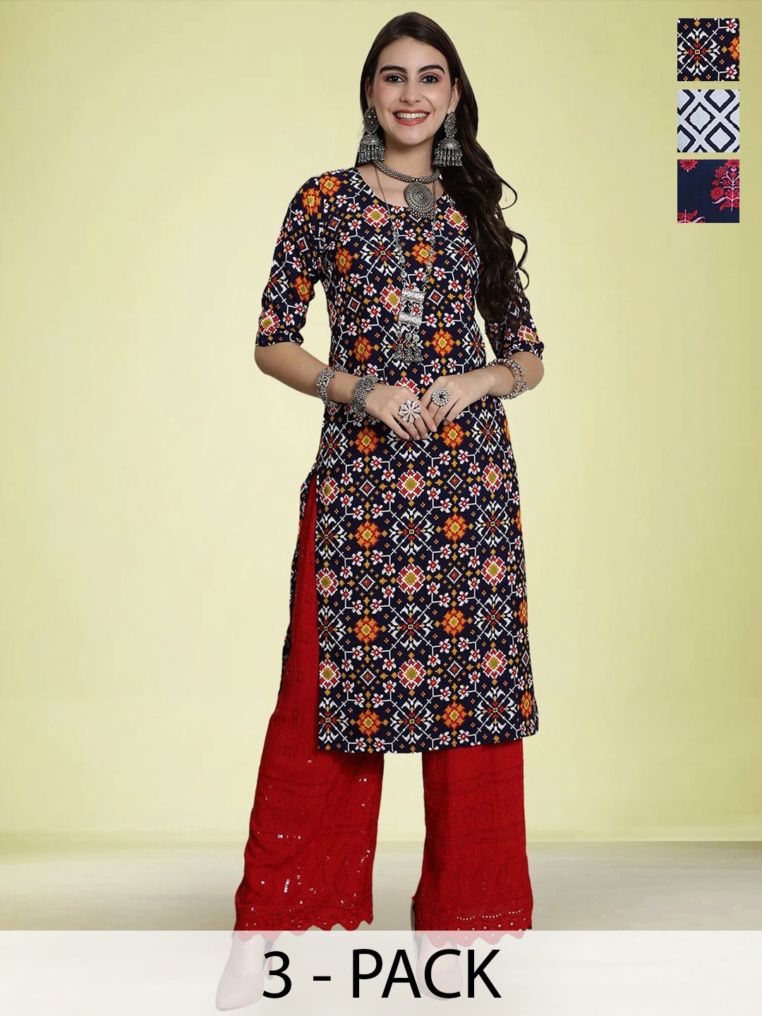 

Moda Rapido Selection Of 3 Floral Printed Round Neck Straight Kurtas, Black